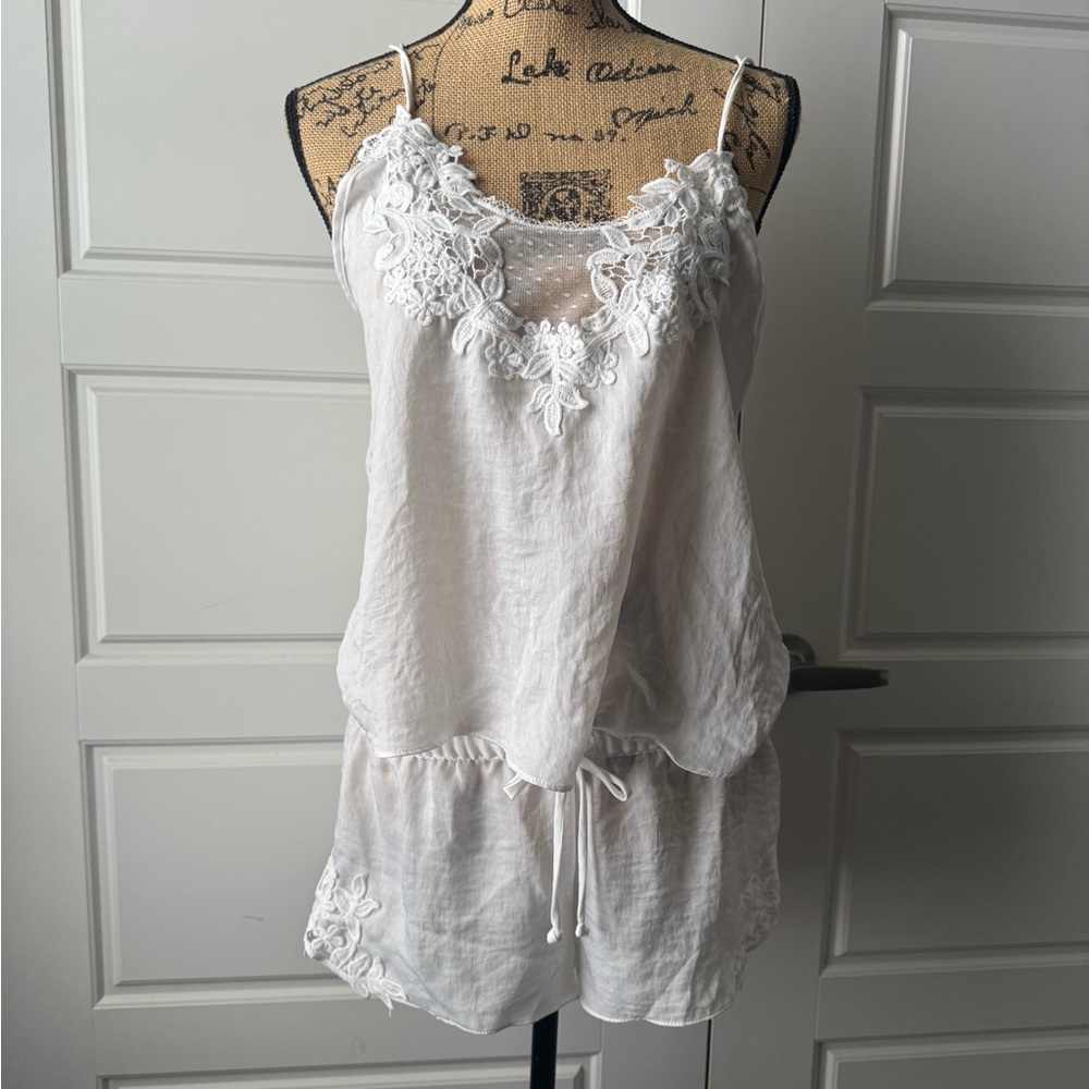 White Floral Embroidered Pajama Set